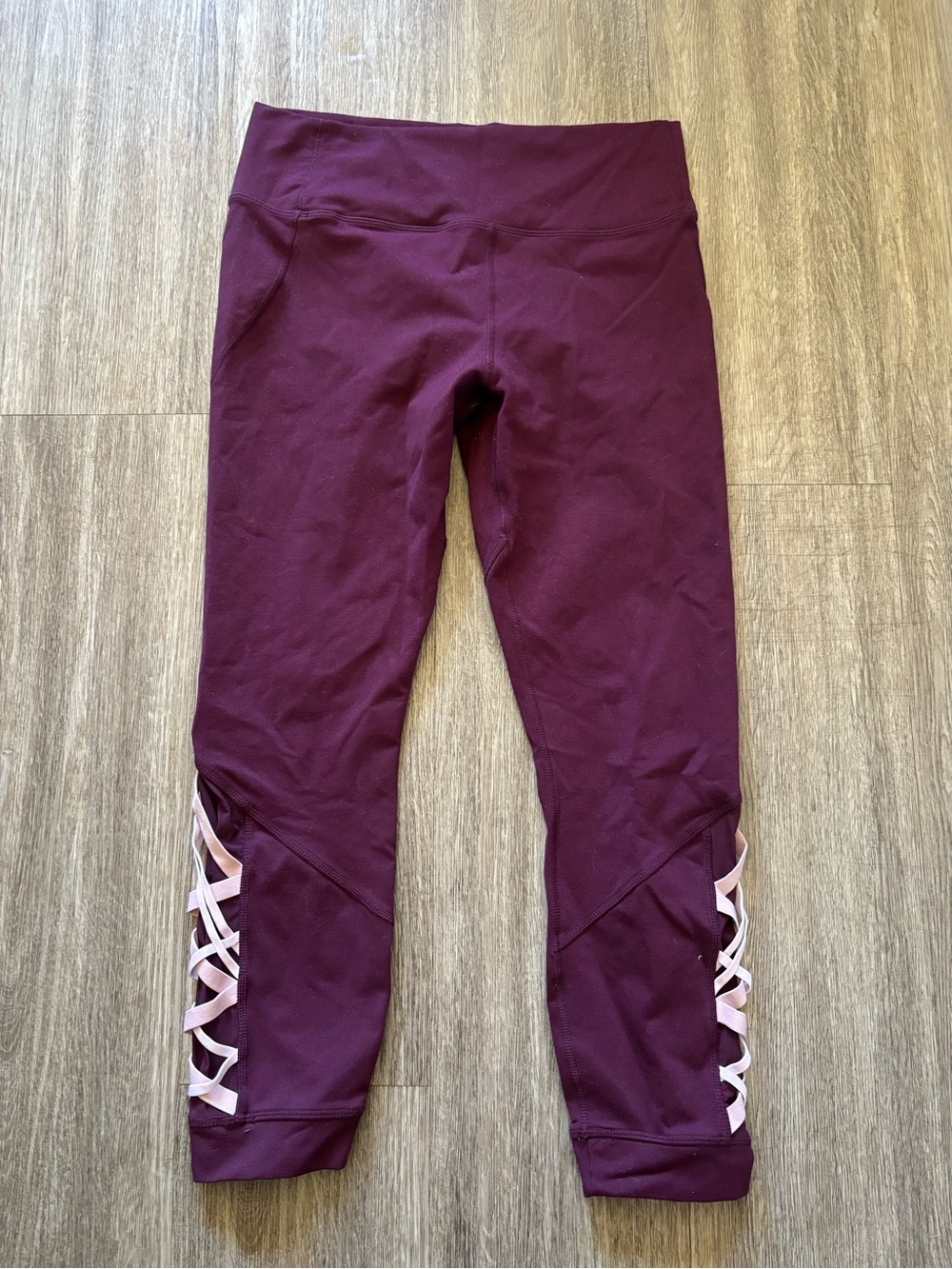 Fabletics purple Capri Leggings with Light Pink Lattice Detail